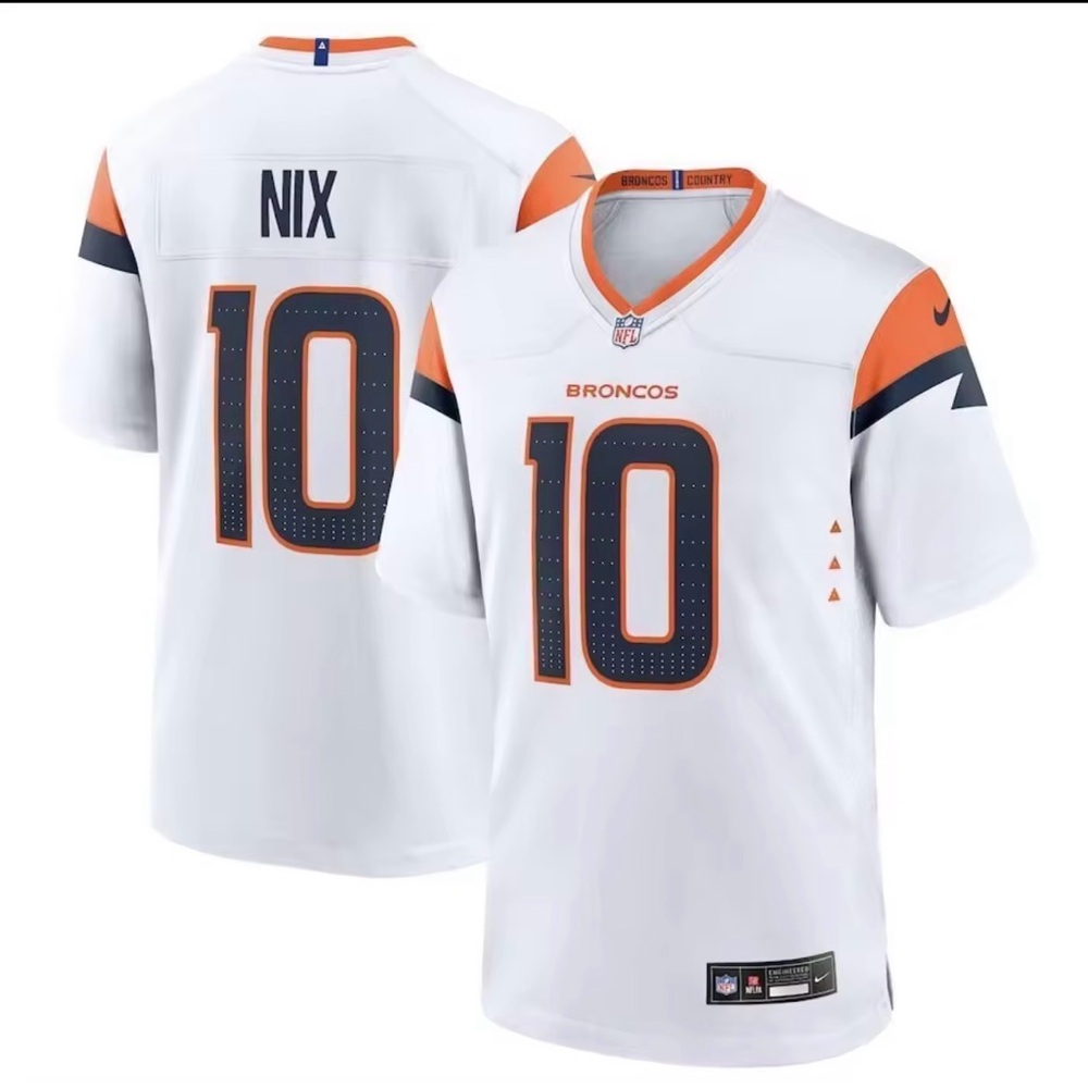Nike Denver Broncos Bo Nix #10 White and Orange Jersey
